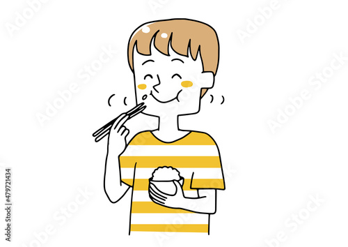 ご飯をよく噛んで食べる男の子　温かみのある手描きの人物イラスト