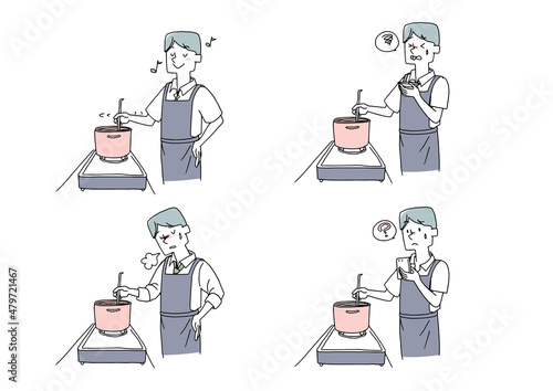 料理をするさまざまな表情の男性のイラスト　温かみのある手描きの人物イラスト　白バックにベクター