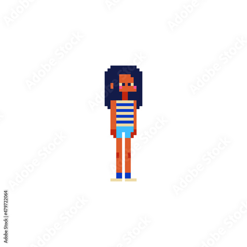 Young girl pixel art character. 80s style. Game assets. 8-bit. Isolated abstract vector illustration.