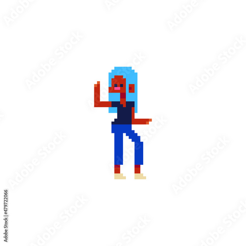 Dancing young fashion girl with blue hair character. Pixel art flat 80s style. Game assets. 8-bit. Isolated abstract vector illustration.