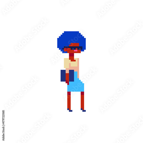 Colleague woman character. Students or youth. Pixel art 80s style. Bussineswoman isolated vector illustration. 