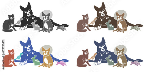 Veterinary logo with a group of domestic animals. Black and white and color options. Vector illustration. All animals are isolated - you can move or remove them. 