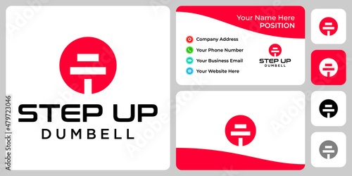 Dumbbells and stairs logo design with business card template.