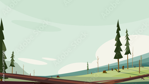 Forest with felled trees. Dead nature scenery.