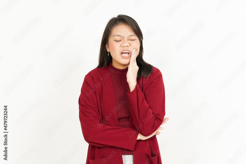 Toothache Gesture Of Beautiful Asian Woman Wearing Red Shirt Isolated On White Background Toothache Gesture Of Beautiful Asian Woman Wearing Red Shirt Isolated On White Background