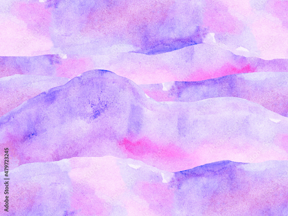 Watercolor background, mountains and sky, hills, pale purple, pink, blue.