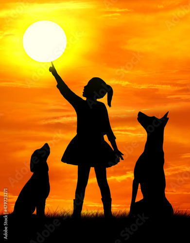 Photography Silhouette of a little girl and two dogs on a sunset background, touch the sun