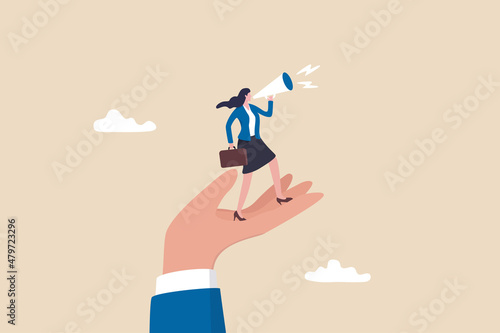 Empower or encourage employee to speak out, talk or discuss to solve business problem, listening to feedback or opinion concept, giant hand help businesswoman employee to speak out with megaphone.