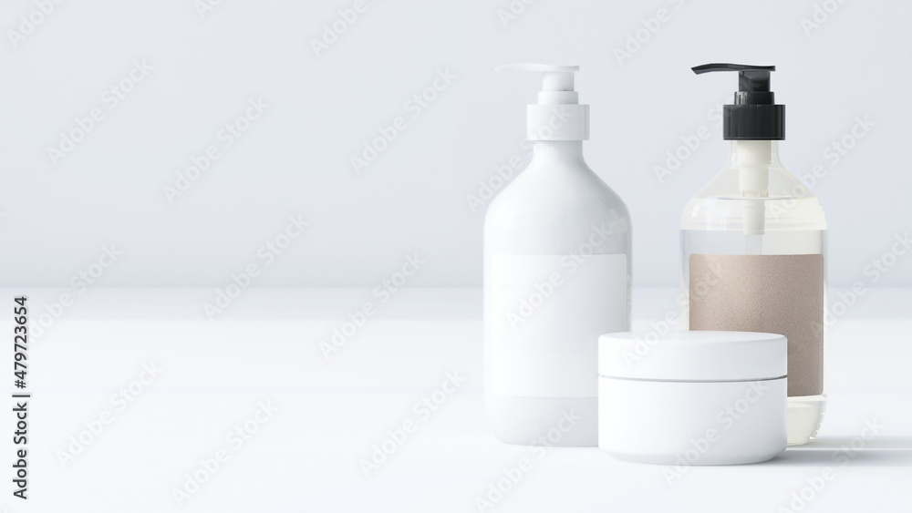 3D render mock up, a set of skincare product containers pump bottles and jar with blank label on a white clean background. Cosmetic, Hygienic, Packaging, Bath and body, Mockup, Black, Liquid, HDPE, PE 3D render mock up, a set of skincare product containers pump bottles and jar with blank label on a white clean background. Cosmetic, Hygienic, Packaging, Bath and body, Mockup, Black, Liquid, HDPE, PE