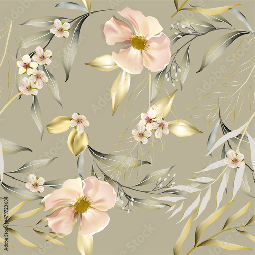 Vector seamless pattern with gold  leaves. Exotic botanical background design for cosmetics, spa, textile. Best as wrapping paper, wallpaper.