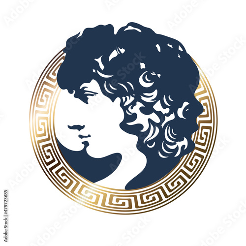 Antinous in the image of the God Apollo, surrounded by a golden round meander, favorite and beloved of the Roman emperor Hadrian. The symbol of same-sex love, gay culture and LGBTQ