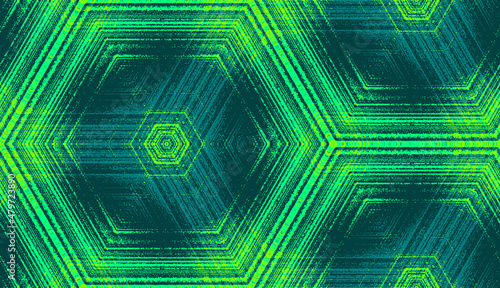 Symmetric abstract geometric ornament for wallpaper background design, textile printing, wrapping. Seamless hexagon concentric textured pattern in emerald, teal, lime green colors.