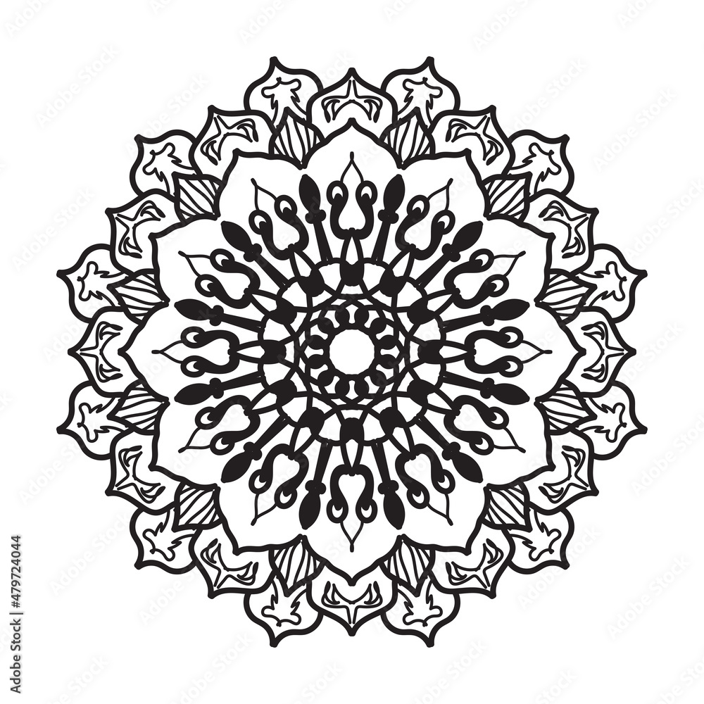 Circular pattern in form of mandala for Henna, Mehndi, tattoo, decoration. Decorative ornament in ethnic oriental style. Coloring book page.