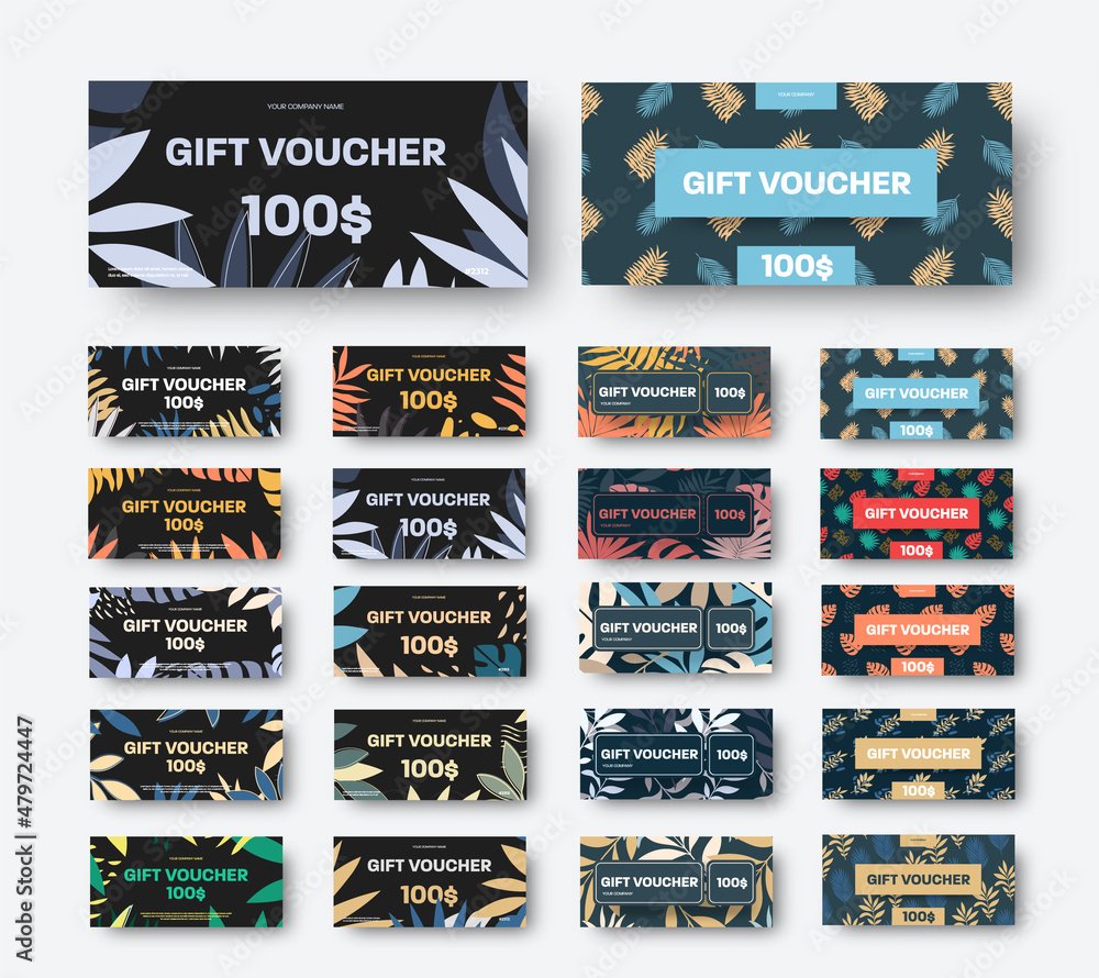Vector gift voucher template with tropical leaves, palms, monster, abstract illustration, set on black background.
