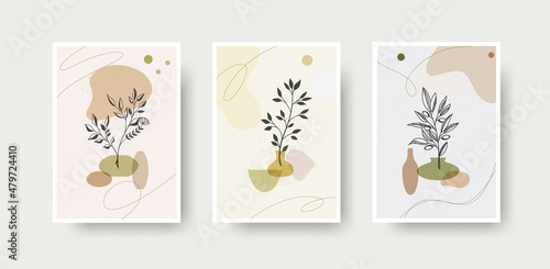 Vector illustration, linear branches, outlines of petals with a delicate abstract decor for wall art on a light background.
