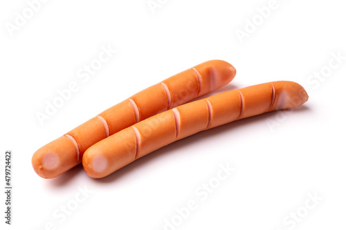 Canvas Print Grilled Frankfurter sausages styled on white background, isolated vienna sausage