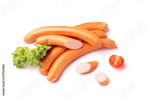 Foto Grilled Frankfurter sausages styled on white background, isolated vienna sausage