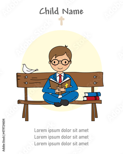 First communion card. Boy sitting on a bench reading the bible