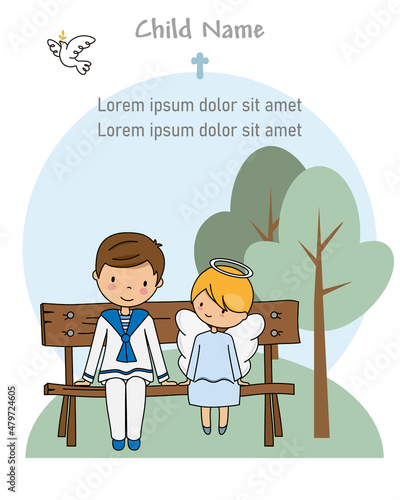 First communion card. Child and angel sitting on a bench.