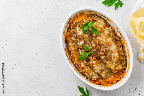 Healthy eggplant casserole. Space for text, top view.