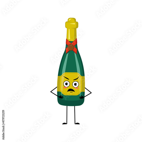 Bottle of sparkling wine character with angry emotions, grumpy face, furious eyes, arms and legs. Alcohol man with irritated expression, glass container for holidays and parties. Vector illustration