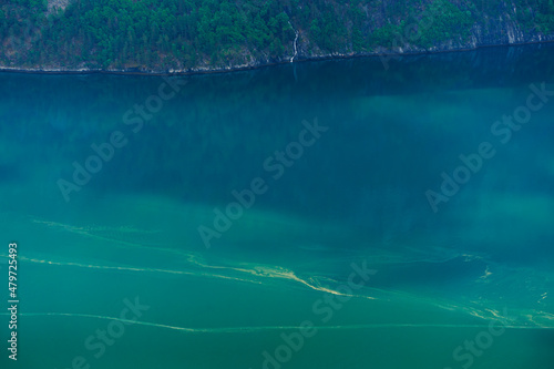 Bright green water with water algea aerial top.