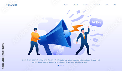 marketing concept. tiny people with loudspeaker. design for landing page. bright vector isolated illustration