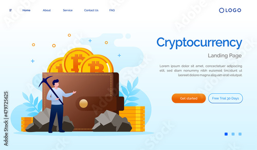 Bitcoin cryptocurrency investment landing page. Marketplace website illustration flat vector template. Mining crypto