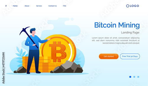 Bitcoin cryptocurrency investment and mining landing page. Marketplace website illustration flat vector template. Mining crypto