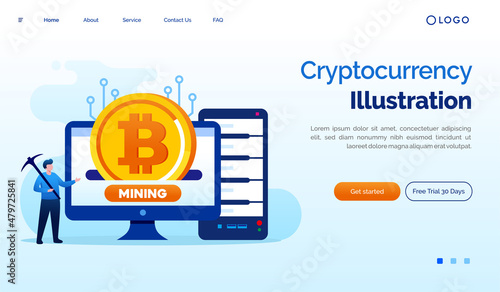 Bitcoin cryptocurrency investment landing page. Mining crypto marketplace website illustration flat vector template.