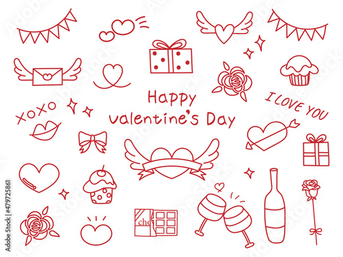 手描きの赤い線のバレンタインのイラストセット