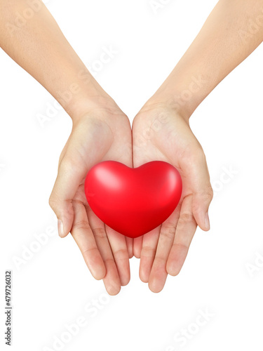 Beautiful woman hand holding a Big Red Heart on a white isolated background