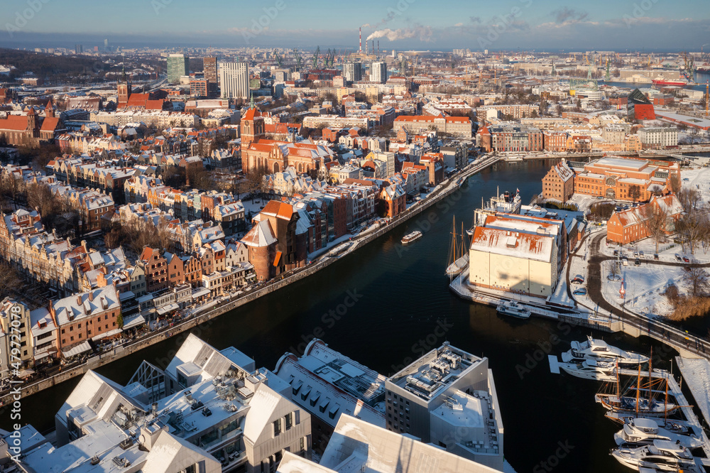 Aerial view of the Main town of Gdansk at snowy winter, Poland