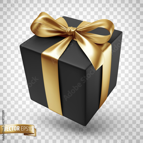 Vector realistic illustration of a black gift box with a gold ribbon on a transparent background.