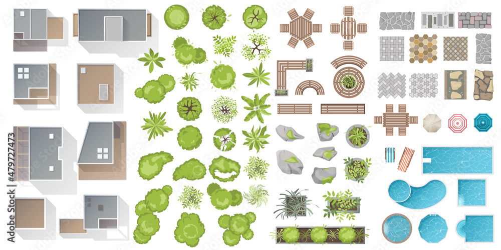 Architectural and Landscape elements, top view. Collection of houses, plants, garden, trees, swimming pools, outdoor wooden furniture, tile. Flat vector. Kit of Tables, benches, chair. View from above