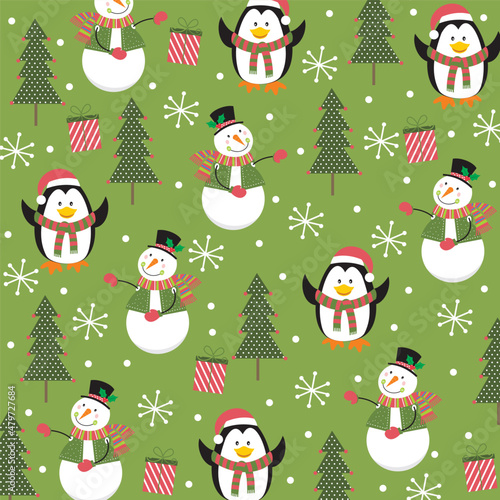 christmas seamless pattern with snowman, penguin and christmas tree