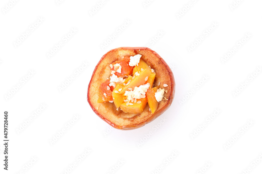 Stuffed baked apple isolated on white background Stuffed baked apple isolated on white background