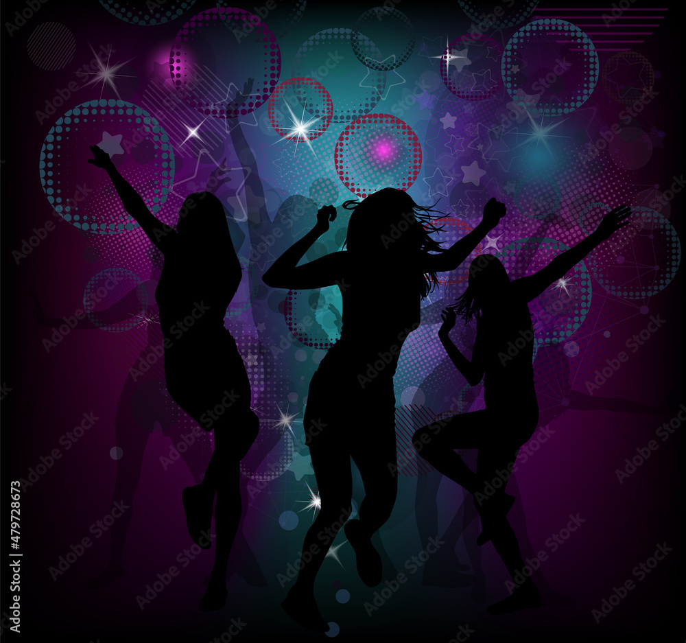 Silhouette of girls dancing in a disco. Vector illustration