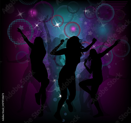 Silhouette of girls dancing in a disco. Vector illustration