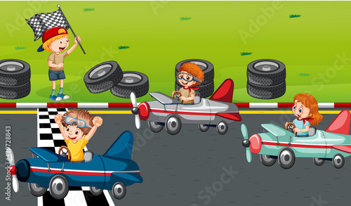 Soapbox derby scene with children racing car