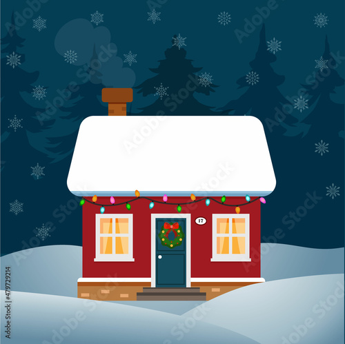 Cute little red cottage in the winter forest. a small house with garland christmas in the winter forest with blue door and silhouettes of trees. winter card Happy New Year Merry Christmas