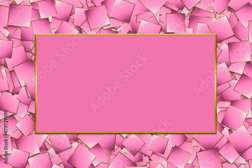 Illustration banner of layers of pink squares with a gold edges with a blank rectangle frame for text.
