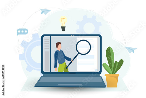 Young happy man holding magnifying glass and examining check list or document, business analysis, audit, research concept, online conferencing concept, flat vector illustratiion
