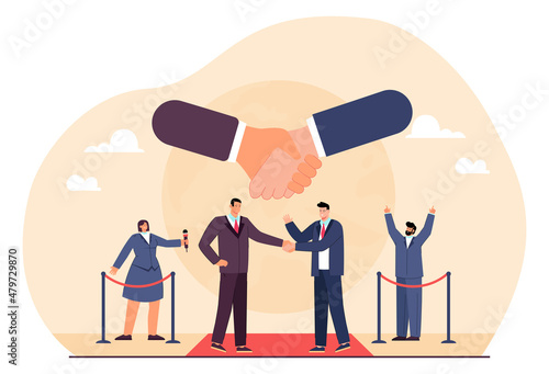 Friendship and peace between two embassy representatives. Politicians at international meeting, crisis or economy discussion flat vector illustration. Diplomacy, democracy, politics concept for banner