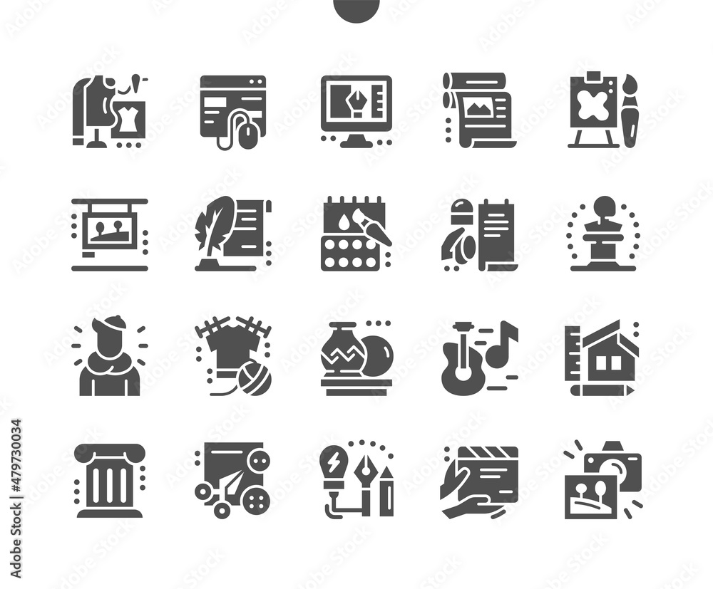 General arts. Sculpture, architecture, web design, fashion design, printing and other. Museum, artist. Visual inspiration. Vector Solid Icons. Simple Pictogram