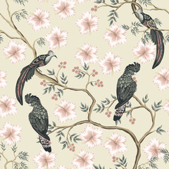 Handdoek met foto Papegaai patronen Vintage chinoiserie tuin met vogels  © good_mood