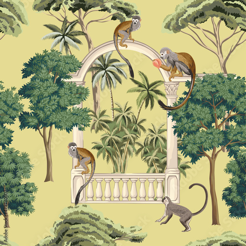 Jungle green trees, palms, arch, monkeys animal seamless pattern yellow background. Tropical botanical landscape wallpaper.