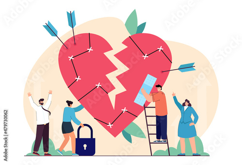 Tiny people repairing vulnerable broken heart. Heart of sensitive person breaking after failure in relationship flat vector illustration. Love, emotions concept for banner or landing web page