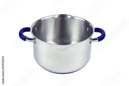 Metal saucepan with a glass lid for cooking soup, food. made of stainless steel. kitchen utensils with a thick bottom for electric, infrared, induction or gas stoves. On an isolated white background.