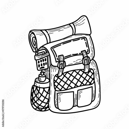 Hand-drawn vector clip-art of a hiking backpack. Bottle and radio. Caraculean backpack icon.
